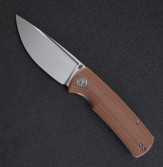 Petrified Fish Beluga Folding Knife, K110 Sandblast Blade, Micarta Brown, PFP01KMP